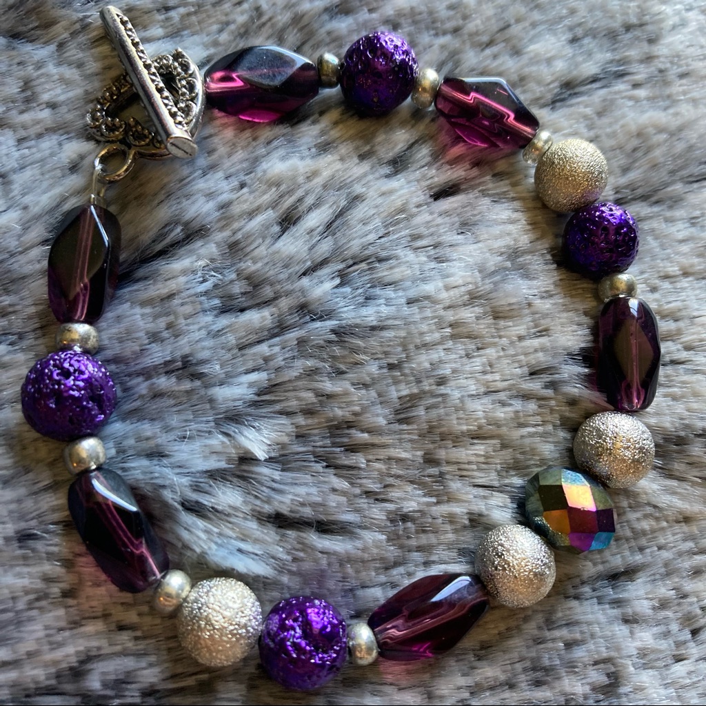 Purple Metal Dipped Lava Rock Bracelet W Glass 7$